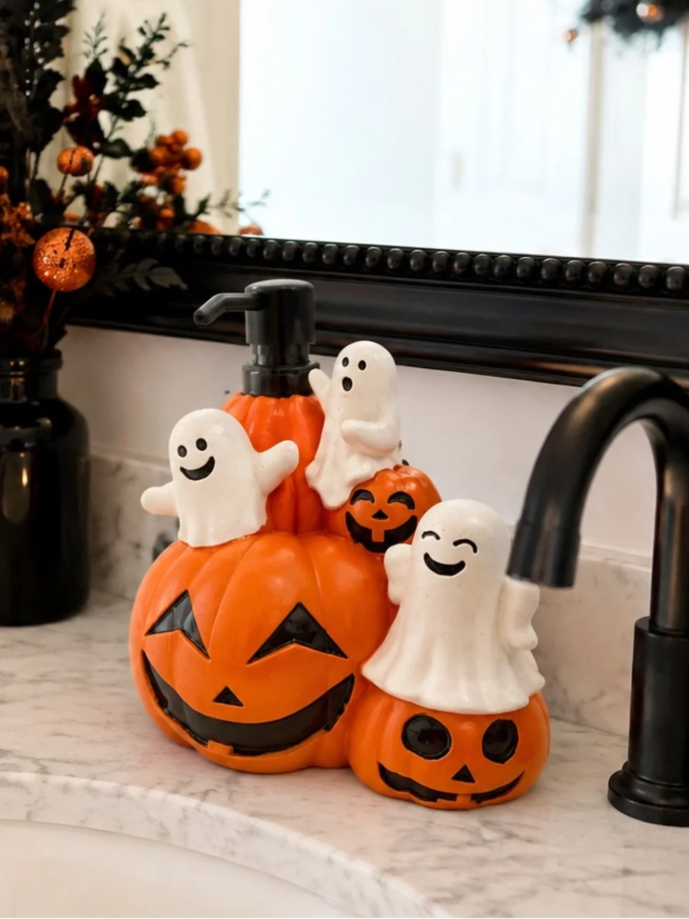 Halloween Ghost & Pumpkin Soap Dispenser Jack O’ Lantern Ceramic Decor